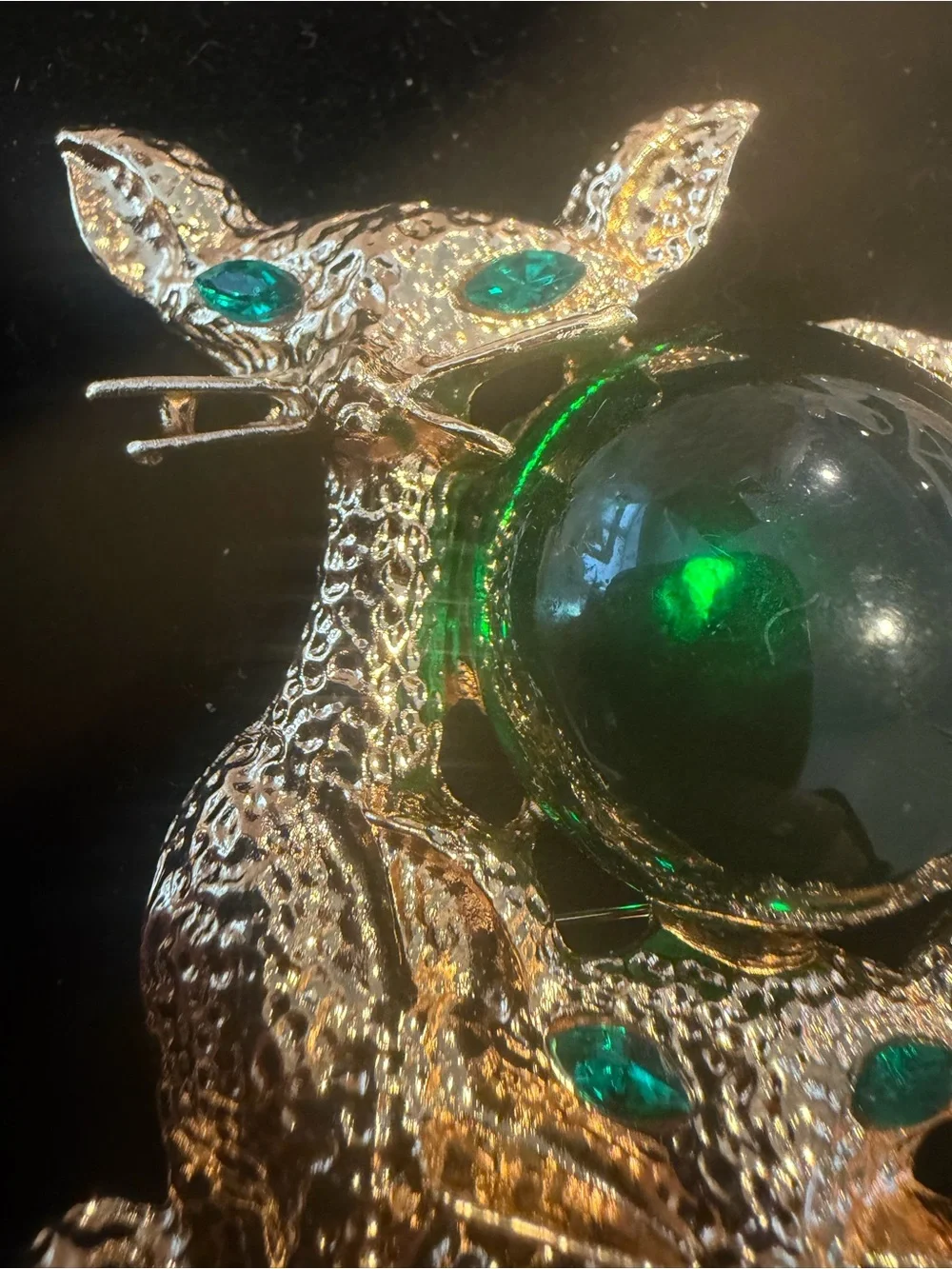LARGE Vintage Gold Cat Brooch with Emerald Green Accents. Kitschy Anthropomorphi